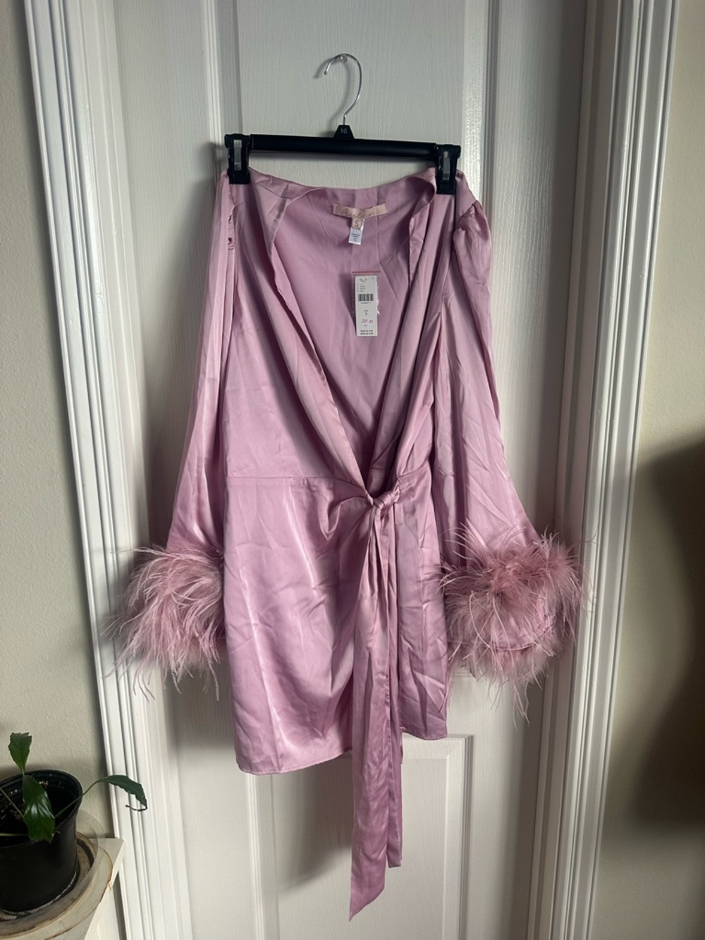 Hutch Lavender Feather-Cuff Satin Wrap Robe